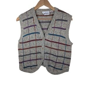 Shapely Knits Vintage Wool Blend Plaid Sweater Vest Tweed Donegal Fleck Gray M
